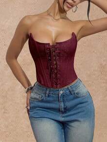 Apperloth 性感系带露脐抹胸上衣，花卉刺绣，金属孔眼，不对称设计，钢骨塑形露脐上衣，万圣节女装 - 酒紅色 - 查看 5