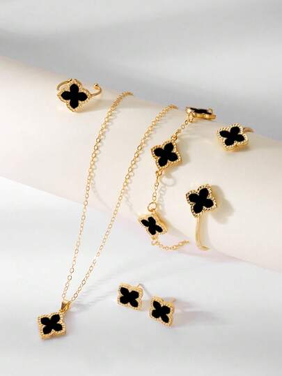 6pcs Four-Leaf Clover Fashion Versatile Lucky Clover Jewelry Set Including Earrings, Necklace, Bracelet, Bangle, Ring, Suitable For Women, Ideal For Valentine's Day, Mother's Day, Gift