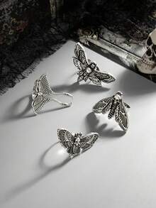 4pcs/Set Gothic Style Skull, Bat, Butterfly Design Rings, Personalized Fashion Metal Bee Element Rings, Jewelry Set For Women To Wear Daily And Festivals - Antique Silver - View 5