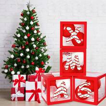 1 pieza Caja decorativa con globos con tema navideño, combinación de 26 elementos navideños en letras y caja transparente roja que se puede combinar para formar XMAS o JOY según los requisitos, para decoración de fiestas navideñas, adornos navideños, productos de combinación DIY navideños, regalos navideños, cajas de globos con tema navideño