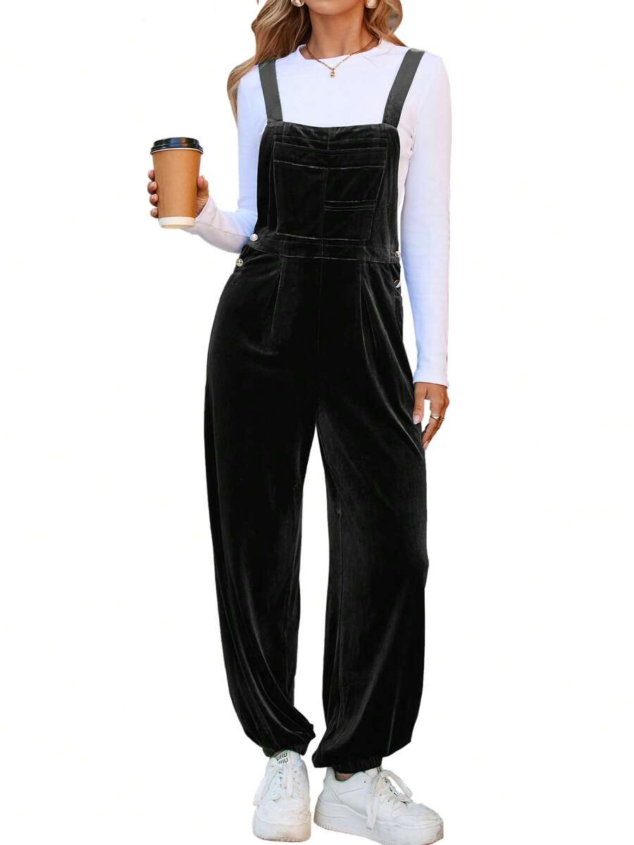 Women's Velvet Overall Jumpsuit Casual Loose Fit Overalls Adjustable Straps Dressy Romper Fall Outfits - 黑色 - 查看 1