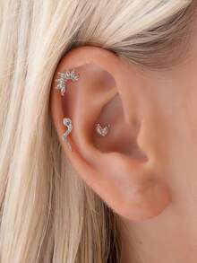 1pc Minimalist Copper Alloy & Cubic Zirconia Snake, Leaf, Crown Shaped Cartilage Earring, Suitable For Women's Daily, Work And Leisure Wear