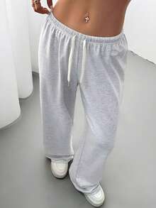 女士直筒运动裤，纯色，抽绳松紧腰高腰设计，休闲运动裤，适合健身、户外活动和日常穿着，春季款 - 灰色 - 查看 5