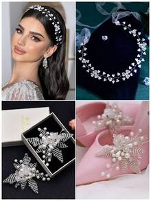 1 Set Luxury Women's Headband, Shoe Clips, Bridal Hair Accessories, Detachable High Heel Shoe Clips With Faux Pearl Decor, Suitable For Wedding, Photography, Party