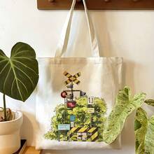 1pc Railway Crossing Canvas Tote Bag - Reusable Grocery Bag With Vintage Train Design, 13.8x15.8 Durable Polyester Canvas, Leak-Proof Shopping, Commuting, Beach & Travel - Train Enthusiasts, Large Travel Tote Bag, Railway Crossing Design