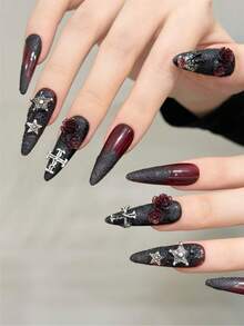 10pcs Long Nails Almond Nails Gothic Witch Black Nails Handmade Nails For Daily And Festival Wear, Reusable Press On Nails, Summer Nail Pieces For Women And Girls To Wear Back To School, Press On Nails