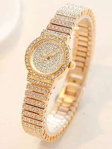 1款时尚奢华全水晶水钻圆形表盘女士石英表，多功能钢表带，适合节日、派对、婚礼、返校季、圣诞节、感恩节、万圣节、复活节等场合作为礼物 - 金色 - 查看 3