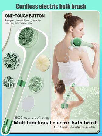 5-In-1 Electric Body Brush, For Shower, USB Rechargeable Silicone Body Brush, 1200mAh IPX5 Waterproof Design, Long Handle Shower Brush, Electric Back Scratcher, Body Exfoliator And Deep Cleansing Brush Set