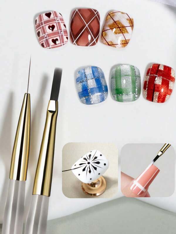 2 piezas Juego de bolígrafos de estilo japonés minimalista con rejilla y cordón, bolígrafo específico para salón de uñas para dibujo a mano, adecuado para pintura de uñas, dibujo con cordón, mezcla, ganchillo, etc., bolígrafo específico de fototerapia para uñas