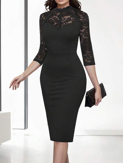 HOMEYEE Stehkragen 3/4 Ärmel Spitze Patchwork Vintage Lässig Business Elegant Professionell OL Büro Bodycon Midi Kleid Schwarz Frühling
