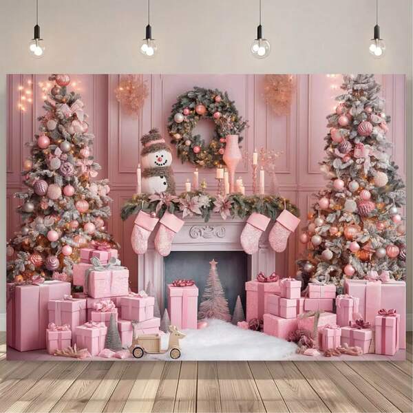 1 pieza Lindo banner de fotografía navideña rosa, hecho de poliéster, adecuado para decoración navideña, adornos de fiesta, banners de decoración interior y exterior, opción perfecta para fiestas navideñas