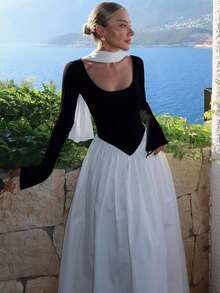 Vestido elegante y sexy de manga larga con cuello en V profundo, cintura con lazo y diseño calado de malla para mujer, Otoño/Invierno 2025