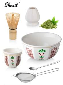 shoxil 1/6 件抹茶搅拌器套装、抹茶传统入门套装、抹茶茶具套装，包括抹茶碗（带倾倒嘴）、竹制抹茶搅拌器（茶筅）、勺子（茶勺）、搅拌器支架、抹茶筛、礼品盒 - Matcha Set - 查看 9
