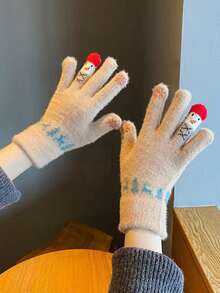 1/3件装毛绒针织圣诞手套 - 触屏可爱雪人手套 保暖学生冬季骑行毛线手套 圣诞礼物 - 彩色 - 查看 2