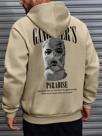 Men's Street Vintage Balaclava Slogan Print Hoodie Gangster's Element Design Men's Hoodie, Fall