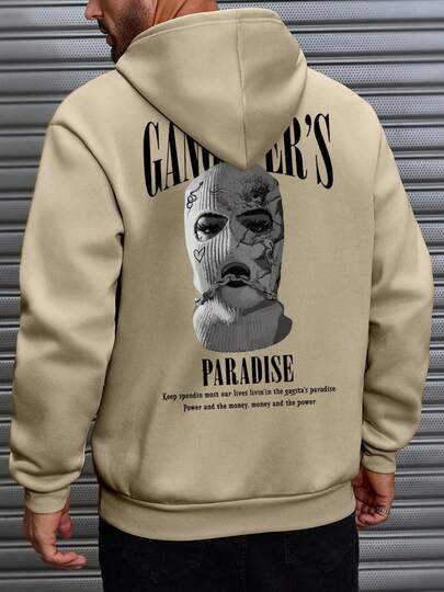 Men's Street Vintage Balaclava Slogan Print Hoodie Gangster's Element Design Men's Hoodie, Fall