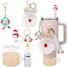 8 Stück Weihnachts-Becher-Zubehör für 40oz & 30oz Becher mit Henkel, inklusive Strohhalm-Aufsatz, Lippenstift-Halter, Becher-Manschette, Charm-Ornamente, Weihnachtsgeschenk