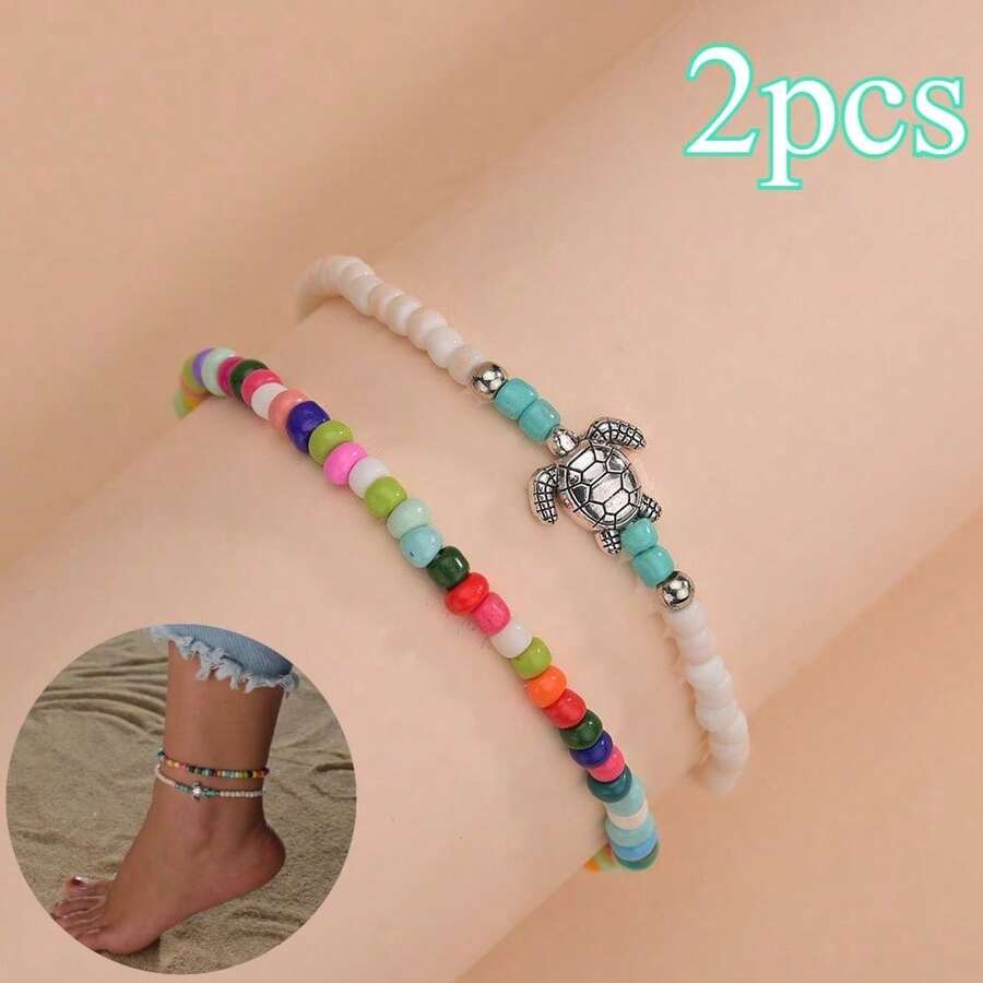 2pcs 2025 New Bohemian Style Anklet Turtle 2 Pcs Beach Bead Colorful Rainbow Multicolor,For Women Summer Gifts - 2Pcs - View 1