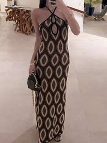 Women Boho Halter Neck Knit Dress Fashion Print Sleeveless Open Back Slim Fit Midi Dress For Daily Party Club - Mixed Colors - View 5