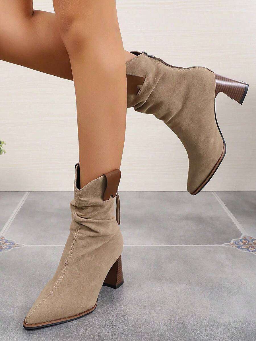 女士时尚法式尖头踝靴，一脚蹬西部风格褶饰靴 - 卡其色 - 查看 1