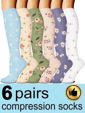 6 pares de calcetines de compresión para mujer, calcetines con patrón floral, calcetines de tubo alto transpirables para correr, fitness, saltar la cuerda, ciclismo, calcetines de compresión deportivos
