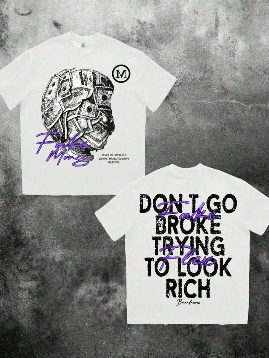 $100 Bill Front & Back Print Men's Oversized Loose Dropped Shoulder T-Shirt, Street Fashion Style