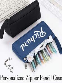 Estuche de lápices con cremallera personalizado, con nombre/iniciales personalizados, organizador escolar y de oficina de doble capa con cierre de cremallera , regalo de cumpleaños/Día del Maestro para estudiantes, profesionales, azul, rosa, amarillo, negro, bolsa de papelería, diseño de dos capas