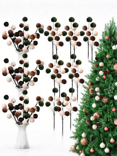 3 Palitos de Árvore de Natal de Veludo, Enfeites de Natal Esferas Palitos de Bola de Veludo Galhos de Árvore de Natal Decoração Pendurada Guirlanda Enfeite de Festa para Escritório em Casa (Bege, Marrom e Verde)