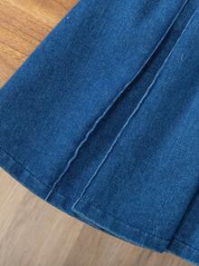 Girls' Blue Washed Denim Dress With Collar, Bronze Buttons And Fashionable Belt, Suitable For Casual Daily Wear - Blue - View 7