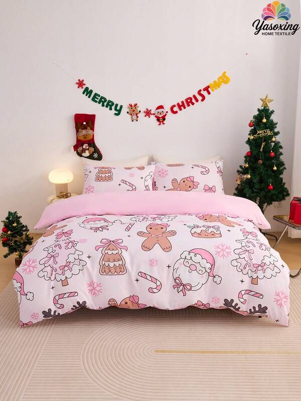 2/3pcs Pink Christmas Snowflake Gift Gingerbread Man Pattern Reversible Color Duvet Cover Bedding Set, Soft Breatheable Wrinkle-Free Better For Sleep, Luxury Hotel Style, Gift For Mom Dad Friend, Quilt Comforter Duvet Cover*1 Pillowcase*1/2 King Queen Full Twin Size.Gender Neutral Christmas Atmosphere