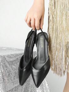 Zapatos de tacón alto puntiagudos de color sólido para mujer, tacones altos con tiras elásticas y tacón grueso, elegantes y dignos, a la moda, adecuados para fiestas de citas de San Valentín y Año Nuevo. - Negro - Ver 2