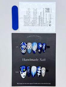 10 pezzi di unghie finte a mandorla, set di unghie finte blu laser primaverili ed estive con decorazioni a stella disegnate a mano, personalizzate e alla moda, adatte per tutti i look quotidiani delle donne