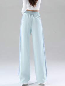 4-Stripe Mist Blue Patchwork Elastic Waist Casual Slim Fit Sports Pants For Women, Spring/Autumn/Winter - 1A67 Haze Blue Spelling Blue - View 5