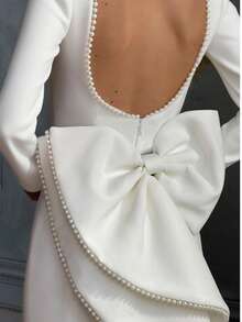 Vestido maxi elegante de unicolor con manga larga, lazo y decoración de perlas en la espalda descubierta para mujer