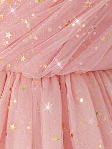 Young Girls' Faux Pearl Shoulder Sequin Mesh Bow Back Elegant Dress, Suitable For Flower Girl, Birthday Party, No Headband Included