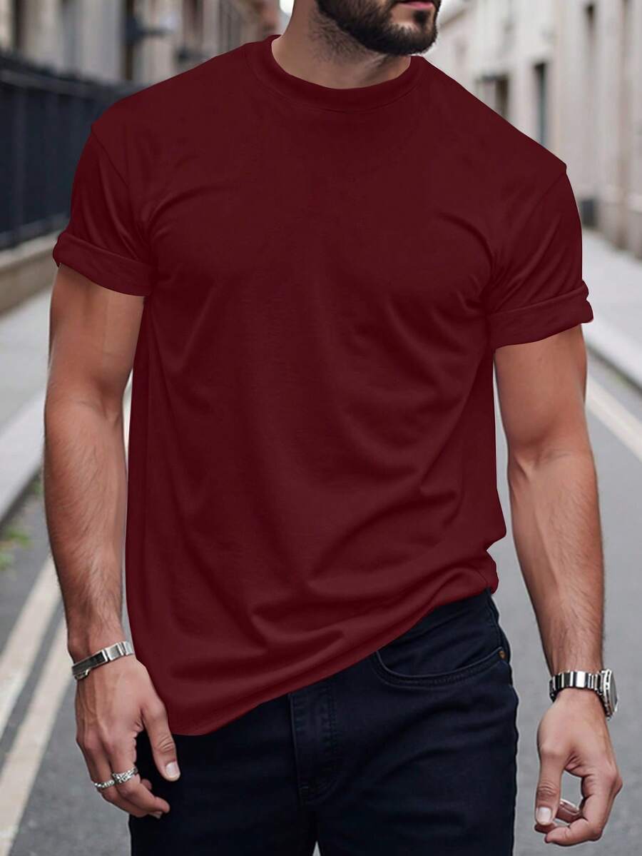 Camiseta casual de cuello redondo de manga corta de unicolor para hombre, top rojo burdeos para hombres - Burdeos - Ver 1