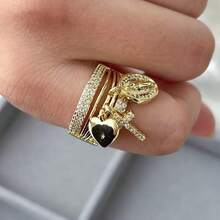 1pc New Arrival Side-Set Little Heart Cross Religious Charm Rings Pave Zirconia Multi-Loop Adjustable Open Rings - Gold - View 4