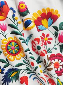 Camiseta de Impresión de Letras de Festival Floral Colorido Mexicano, Top Casual de Manga Corta y Cuello Redondo para Mujeres - Blanco - Ver 3