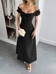 Đầm nữ thanh lịch PoPoHouse, màu trơn, phong cách Bohemian nghỉ dưỡng, cổ khoét sâu, thiết kế hở vai, chi tiết buộc dây phía sau, tạo vẻ ngoài thoải mái, rộng rãi, thích hợp cho mùa xuân/hè và nhiều dịp khác nhau. Màu đen. - màu đen - Xem 8