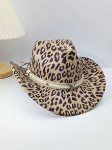 1 件豹纹西部牛仔帽，采用毛毡材质制成，配有可拆卸心形装饰带，印花设计，适合日常佩戴和万圣节圣诞节场合 - 豹紋 - 查看 6