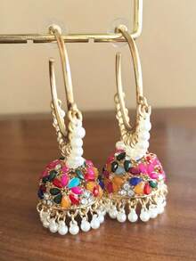 一对时尚迷人的水晶花朵吊坠耳环，宝莱坞风格仿珍珠吊坠首饰，优雅的传统巴基斯坦吉姆卡耳环，适合女性日常、节日、婚礼、派对佩戴，也是一份珍贵的珠宝礼物。