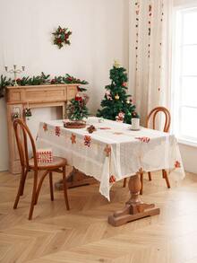 1 pieza Mantel con bordado de hoja de arce beige y campana, tema navideño de fibra de poliéster con encaje decorativo con borde de encaje para sala de estar, dormitorio, cocina, decoración navideña