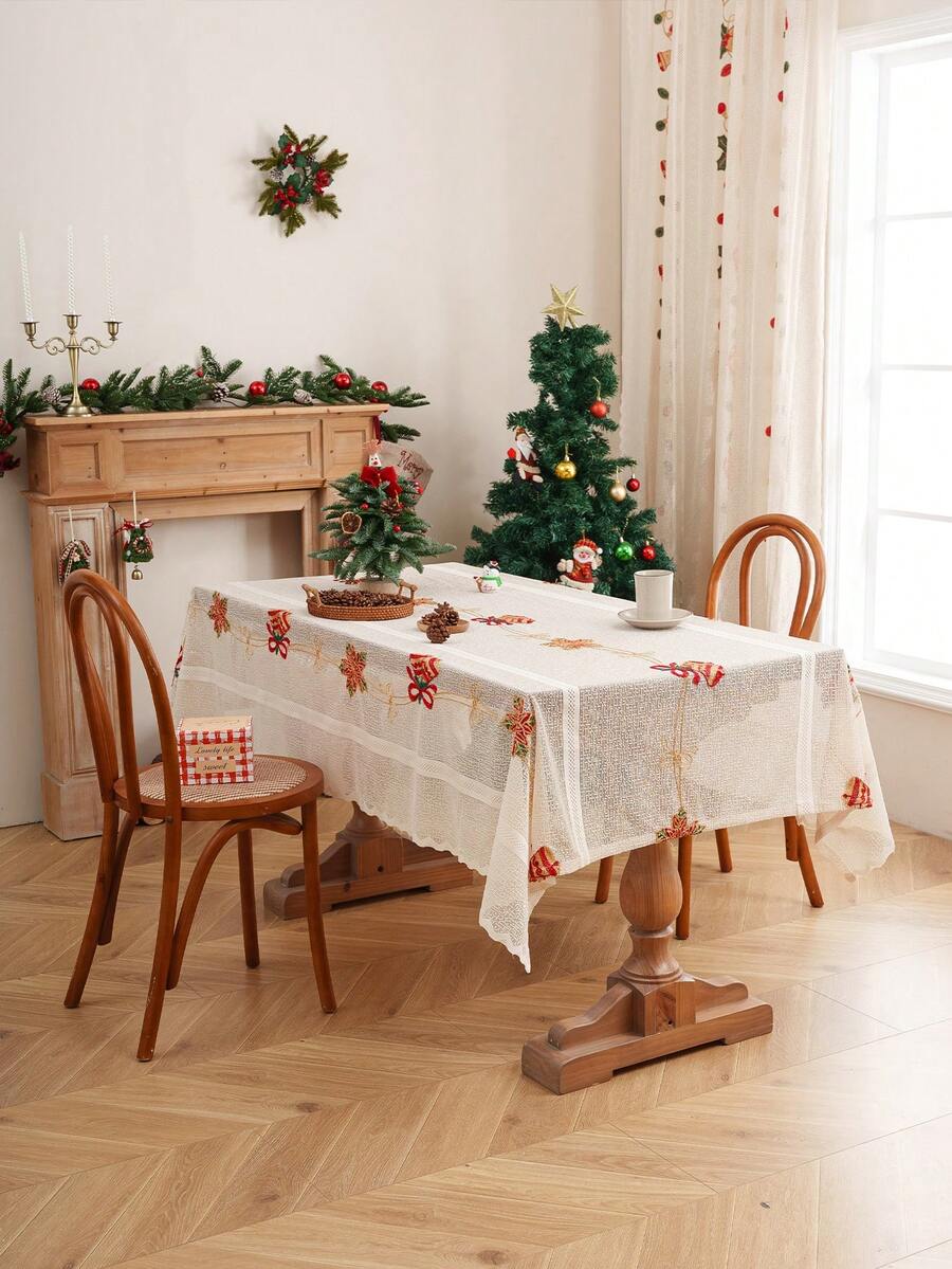 1 pieza Mantel con bordado de hoja de arce beige y campana, tema navideño de fibra de poliéster con encaje decorativo con borde de encaje para sala de estar, dormitorio, cocina, decoración navideña