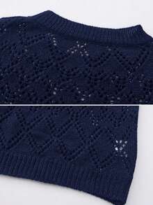 Áo len dệt kim khoét lỗ màu đen dài tay họa tiết ren cổ tròn cho nam, chất liệu vải mềm mại, thoáng khí, thời trang thường ngày, mặc ngoài trời, phong cách, thu/đông - Xanh đậm - Xem 5