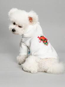 1pc Pet Clothes, Dog/Cat Apparel, New Hooded Sweatshirt, Halloween Series, Flame Skull Design, White