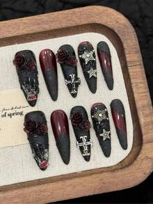 10pcs Long Nails Almond Nails Gothic Witch Black Nails Handmade Nails For Daily And Festival Wear, Reusable Press On Nails, Summer Nail Pieces For Women And Girls To Wear Back To School, Press On Nails