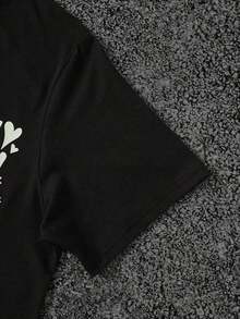 Camiseta de manga corta con cuello redondo y estampado de letras y corazones para hombres Noixe, moda de verano para hombres, estampado suelto - Negro - Ver 2