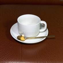 1/2 Set Ceașcă de cafea albă pură de 7oz cu farfurie și lingură, Design minimalist, Ceașcă de cafea ceramică elegantă europeană, Ceașcă de cappuccino, Ceașcă de porțelan negru, Potrivită pentru ceai, espresso, latte și mocha