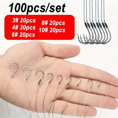 100 Pieces/Set No. 3 No. 4 No. 6 No. 8 Pre-Tied Fishing Hooks With Line, High Carbon Steel Hooks With PE Line, Suitable For Freshwater Fishing Universal Size