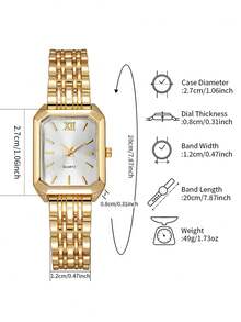 6pcs/Set Women's Gift Watch With Steel Band, Fashionable Square Roman Numeral Dial Quartz Wrist Watch + Heart Jewelry Set (Watch Box Not Included)